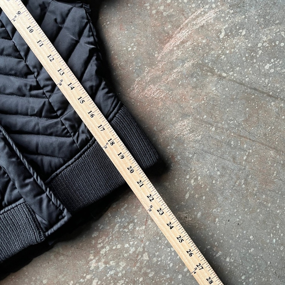 Bebe Black Chevron Quilted Down Puffer Jacket Real Rabbit Fur Hood Lace Up Small - Picture 9 of 11